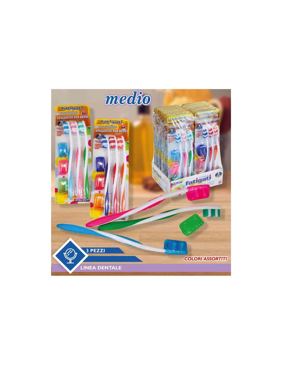 Spazzolino da denti nylon medio colori assortiti.